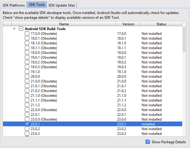 Android SDK Manager - 23.0.1 Build Tools